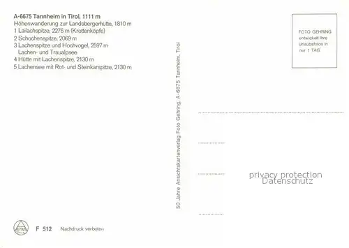 AK / Ansichtskarte Tannheim Tirol Hoehenwanderweg Landsbergerhuette Lailachspitze Schochenspitze Hochvogel Traualpsee Lachensee Steinkarspitze Kat. Tannheim