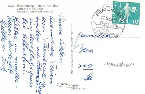 AK / Ansichtskarte Beatenberg Haus Amisbuehl Zuercher Ferienkolonien mit Eiger Moench und Jungfrau Berner Alpen Kat. Beatenberg