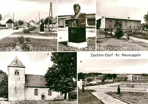 AK / Ansichtskarte Zechlin Flecken Teilansicht Scholochow Bueste Denkmal Kinderferienlager Wehrkirche