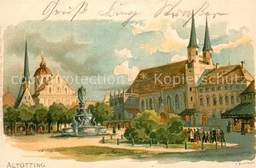 AK / Ansichtskarte Altoetting Platz mit Kirchen und Brunnen Kuenstlerkarte Kat. Altoetting