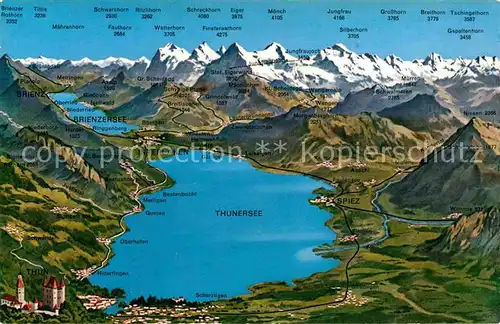 AK / Ansichtskarte Thun BE Panoramakarte Thunersee Brienzersee Alpen Eiger Moench Jungfrau Kat. Thun