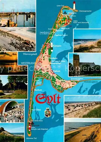 AK / Ansichtskarte Insel Sylt Teilansichten Kuestenorte Strand Sonnenuntergang Duenen Landkarte Kat. Westerland
