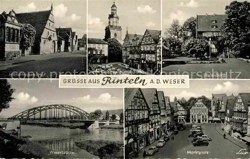 AK / Ansichtskarte Rinteln Weser Muenchhausen Hof Nikolaikirche und Rathaus Eulenburg Weserbruecke Marktplatz Kat. Rinteln