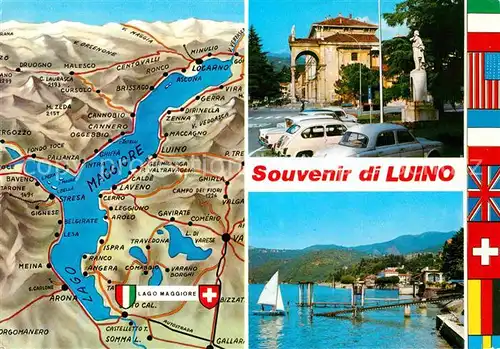 AK / Ansichtskarte Luino Lago Maggiore und Umgebung Landkarte Ortsmotiv Statue Ufer Nationalflaggen Kat. Lago Maggiore