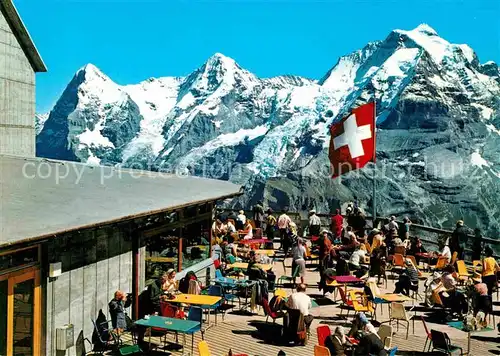 AK / Ansichtskarte Schilthorn Muerren Aussichtsterrasse Birg mit Eiger Moench Jungfrau Berner Alpen Kat. Schilthorn