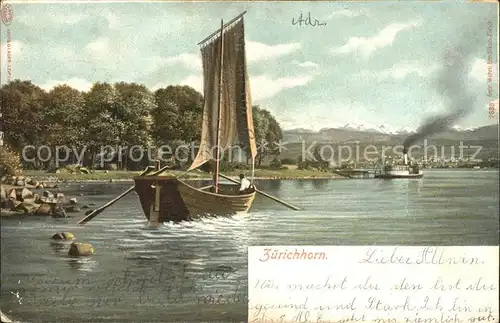 Zuerichhorn Seepanorama mit Segel und Dampfschiff Kat. Zuerich