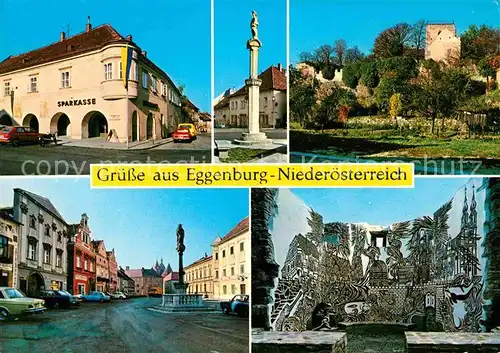 Eggenburg Niederoesterreich Hauptplatz Sparkasse Pranger Stadtmauer Schloss Giebelhaeuser Turm des Friedens Kat. Eggenburg