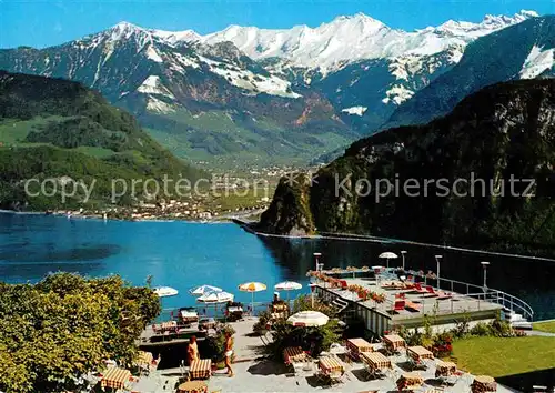 Hergiswil NW Hotel Pilatus Hotelgarten mit Blick auf Brisen Vierwaldstaettersee Kat. Hergiswil NW