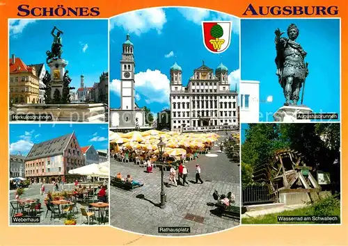 AK / Ansichtskarte Augsburg Augustusbrunnen Rathausplatz Wasserrad am Schwallech Weberhaus Herkulesbrunnen Kat. Augsburg