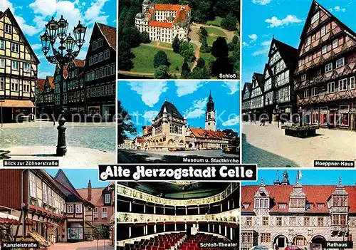 AK / Ansichtskarte Celle Niedersachsen Fliegeraufnahme Schloss Hoeppner Haus Rathaus Schloss Theater Kanzleistrasse Zoellnerstrasse Museum Kat. Celle