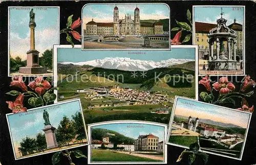 AK / Ansichtskarte Einsiedeln SZ Sankt Meinrads Statue Kloster Schulhaus Panorama  Kat. Einsiedeln