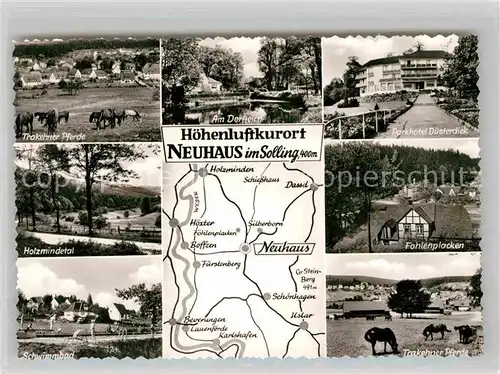 AK / Ansichtskarte Neuhaus Solling Trakehner Pferde Dorfteich Parkhotel Duesterdiek Fohlenplacken Kat. Holzminden
