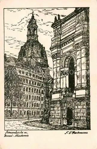 AK / Ansichtskarte Dresden Frauenkirche mit Kunst Akademie Zeichnung Kat. Dresden Elbe