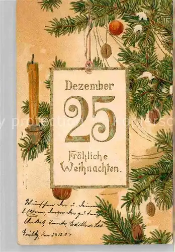 AK / Ansichtskarte Datumskarte 25. Dezember Weihnachten Kerze Litho  Kat. Besonderheiten