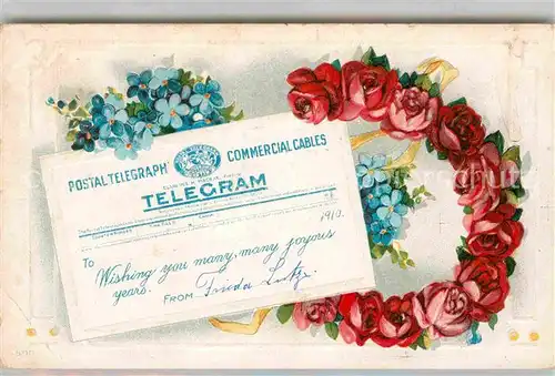 AK / Ansichtskarte Telegrafie Telegramm Amerika Rosen Vergissmeinnicht Litho Postal Telegraph  Kat. Technik