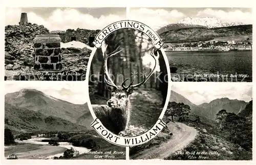 AK / Ansichtskarte Fort William Lochaber Observatory Ruins Fort William and Ben Nevis Mountain and River Road to the Hills Glen Nevis Kat. Lochaber