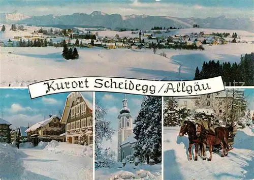 AK / Ansichtskarte Scheidegg Allgaeu Kirche Kutsche Panorama  Kat. Scheidegg