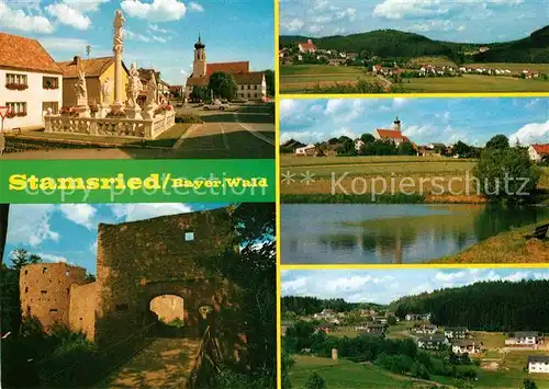 AK / Ansichtskarte Stamsried Burgruine Seepartie Kirchenpartie mit Denkmal Kat. Stamsried