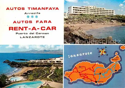 AK / Ansichtskarte Puerto del Carmen Autos Timanfaya Arrecife Hotel Fariones Panorama Inselkarte Kat. Tias Lanzarote