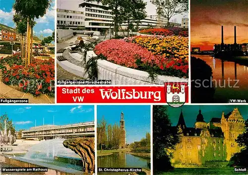 AK / Ansichtskarte Wolfsburg Fussgaengerzone Porschestrasse Wasserspiele Schloss VW Werk Kat. Wolfsburg