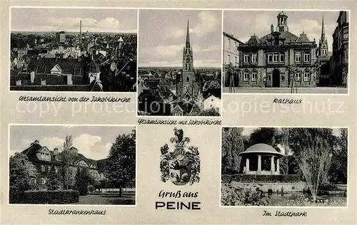 AK / Ansichtskarte Peine Rathaus Fliegeraufnahme mit Jakobikirche Stadtkrankenhaus Stadtpark Kat. Peine