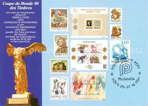 AK / Ansichtskarte Briefmarke auf Ak Coupe du Monde 90 des Timbres Norge Norwegen  Kat. Besonderheiten