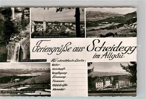 AK / Ansichtskarte Scheidegg Allgaeu Blick vom Blaseberg Wasserfall Rohrachschlucht Kinderheilstaette Kat. Scheidegg