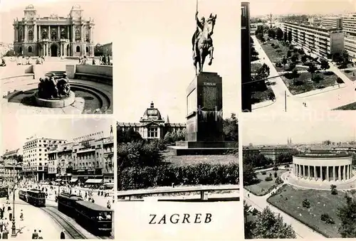 AK / Ansichtskarte Zagreb Teilansichten Brunnen Denkmal Reiterstandbild Strassenbahn Kat. Zagreb