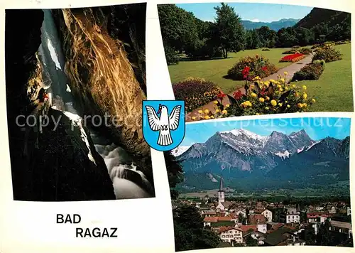 AK / Ansichtskarte Bad Ragaz Gesamtansicht mit Alpenpanorama Wasserfall Parkanlagen Kat. Bad Ragaz
