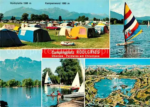 AK / Ansichtskarte uebersee Chiemsee Campingplatz Roedlgries Seglerhafen Windsurfen Alpenpanorama