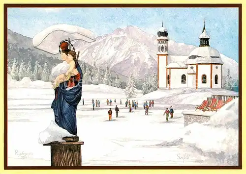 AK / Ansichtskarte Seefeld Tirol Seekirchl mit Madonna Original Aquarell Rene Rietmeyer Kuenstlerkarte Kat. Seefeld in Tirol