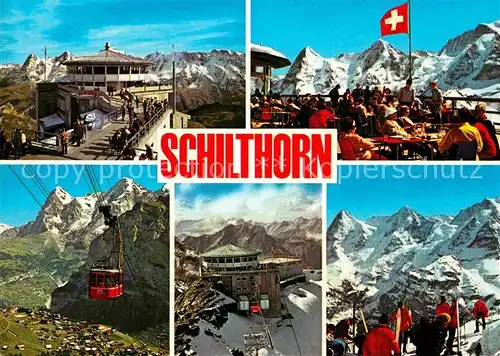 AK / Ansichtskarte Schilthorn Muerren Piz Gloria Jungfrau Eiger Moench Skifahrer Kat. Schilthorn