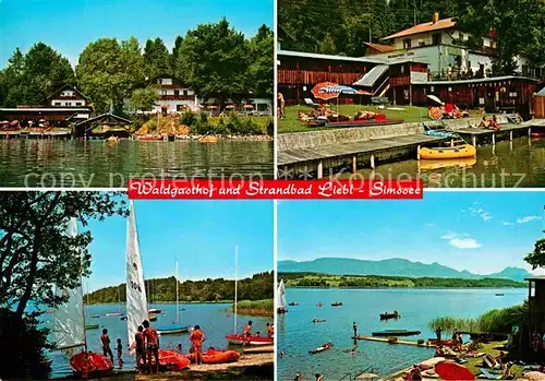 AK / Ansichtskarte Stephanskirchen Simssee Waldgasthof Strandbad Liebl Badestrand Bootfahren Alpenblick Kat. Stephanskirchen