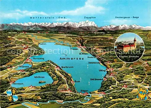 AK / Ansichtskarte Ammersee mit Kloster Andechs gegen die Alpen aus der Vogelperspektive Kat. Utting a.Ammersee