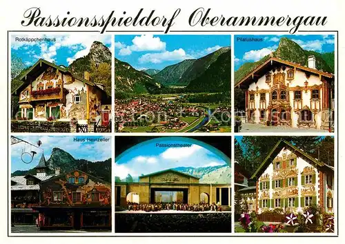 AK / Ansichtskarte Oberammergau Passionsspieldorf Hoehenluftkurort Rotkaeppchenhaus Pilatushaus Haus Heinzeller Passionstheater Fassadenmalerei Kat. Oberammergau