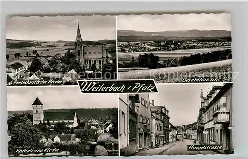 AK / Ansichtskarte Weilerbach Kaiserslautern Protestantische Katholische Kirchen Hauptstrasse Panorama