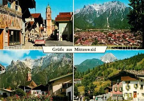 AK / Ansichtskarte Mittenwald Bayern Gesamtansicht mit Alpenpanorama Alte Haeuser Fassadenmalerei Kirche Kat. Mittenwald