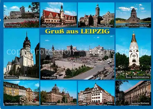 AK / Ansichtskarte Leipzig Krochhochhaus Kirche Rathaus Voelkerschlachtdenkmal Sachsenplatz Reichsgericht Markt Buecherei Kat. Leipzig