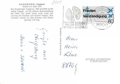 AK / Ansichtskarte Augsburg Fuggerei Kueche aus alter Zeit Kat. Augsburg