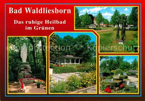 AK / Ansichtskarte Bad Waldliesborn Heilbad Marienstatue Quellenhaus Drei Grazien Statue Muehlrad Brunnen Kat. Lippstadt