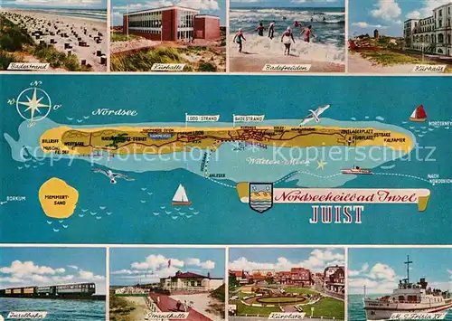 AK / Ansichtskarte Juist Nordseebad Badestrand Kurhalle Kurhaus Inselbahn Strandhalle Kurplatz MS Frisia XV Landkarte Kat. Juist