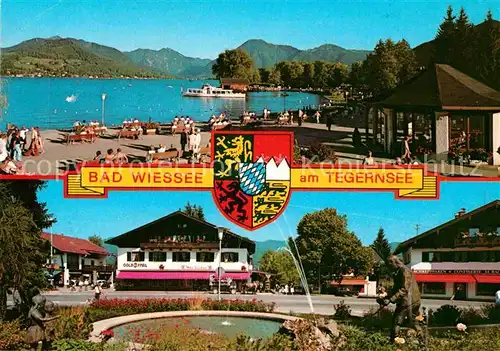 AK / Ansichtskarte Bad Wiessee Tegernsee Uferpromenade Brunnen Hotel Restaurant Wappen Bayerische Alpen
