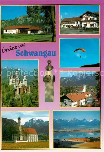 AK / Ansichtskarte Schwangau Teilansichten Schloss Neuschwanstein Kirche Alpenpanorama Paragleiten Kat. Schwangau