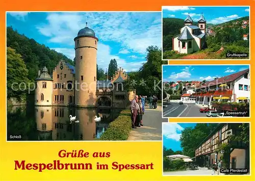 AK / Ansichtskarte Mespelbrunn Schloss Schwanenteich Gruftkapelle Restaurant Spessartruh Cafe Pferdestall Kat. Mespelbrunn