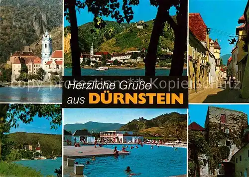 AK / Ansichtskarte Duernstein Donau Ortsmotiv Kirche Landschaftspanorama Freibad