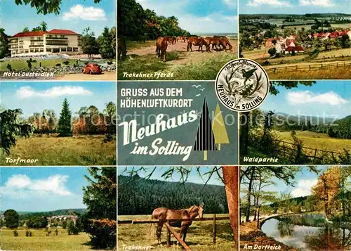 AK / Ansichtskarte Neuhaus Solling Hotel Duesterdiek Trakehner Pferde Waldpartie Landschaftspanorama Torfmoor Dorfteich Kat. Holzminden