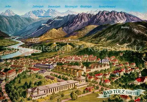 AK / Ansichtskarte Bad Toelz Badeteil aus der Vogelperspektive Alpenkette Panoramakarte Nr T 339 Kat. Bad Toelz