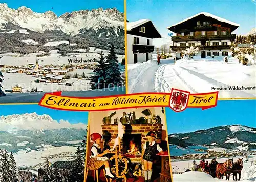 AK / Ansichtskarte Ellmau Tirol Pension Wildschwendt Winterpanorama Wilder Kaiser Kaisergebirge Pferdeschlitten Kamin Trachten Spinnrad Kat. Ellmau