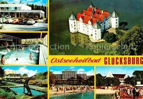 AK / Ansichtskarte Gluecksburg Ostseebad Meerwasserhallenbad Badestrand Hotel Intermar Wasserschloss Fliegeraufnahme Kat. Gluecksburg (Ostsee)