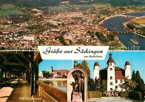 AK / Ansichtskarte Bad Saeckingen am Hochrhein Fliegeraufnahme Historische Holzbruecke Trompeterschloss Kat. Bad Saeckingen